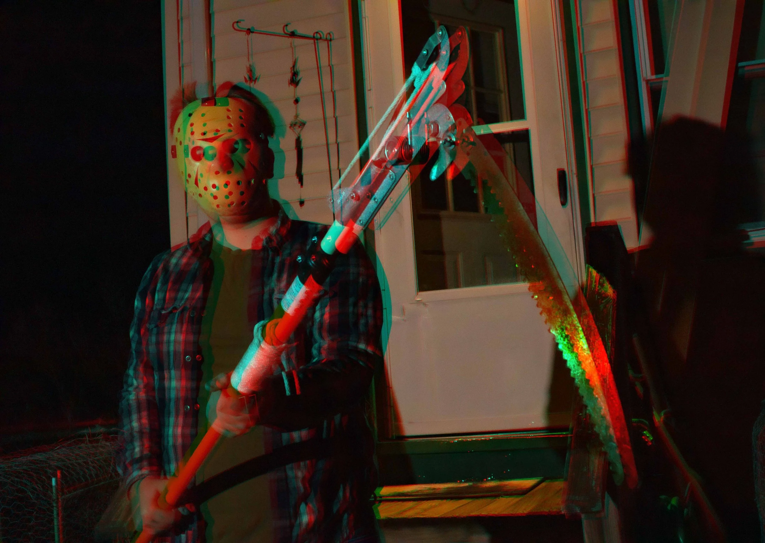 A 3D anaglyph image of Jason Vorhees from the Friday the 13th series