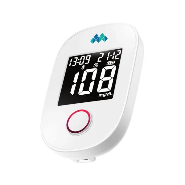 Mobrise Glucose Meter displaying real-time blood glucose levels, designed for accurate daily monitoring and automatic file updates as part of Mobrise Health's innovative healthcare devices.