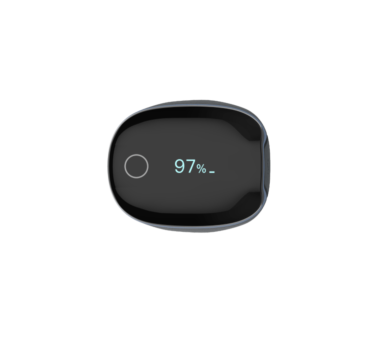 Mobrise O2 Monitor displaying 97% oxygen level, a medical-grade device designed to silently alert users of low oxygen levels or abnormal heart rates, supporting better health management.