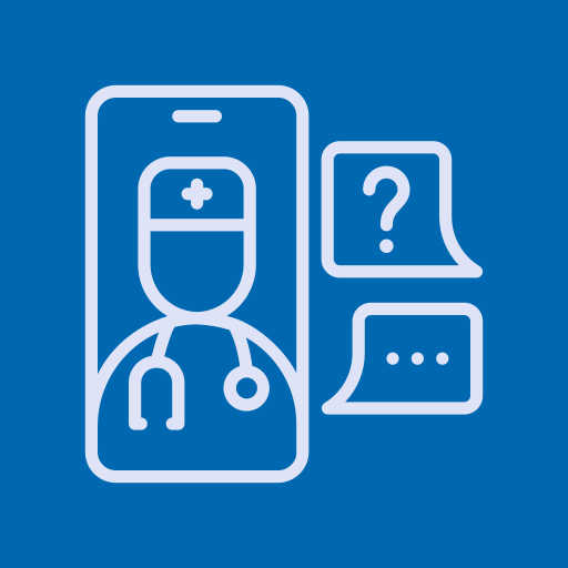 Icon of a mobile phone with a doctor and question bubbles, symbolizing Mobrise Health's premium services with enhanced patient support and engagement.