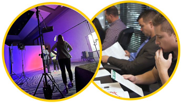 Overlapping yellow-rimmed circles: left—video crew setup with lights in a purple-lit room; right—attendees seated and reviewing printed training materials.