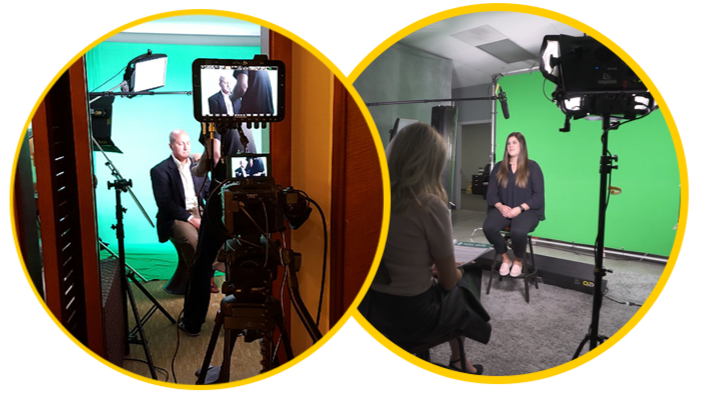 Overlapping yellow-rimmed circles: left—man being filmed for an interview with camera monitor visible; right—woman seated in a green-screen studio with lights and crew.