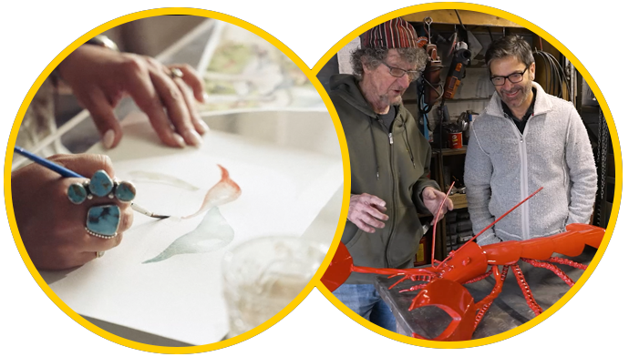 Overlapping yellow-rimmed circles: left—close-up of a hand painting artwork; right—two men in a workshop beside a large red lobster sculpture.