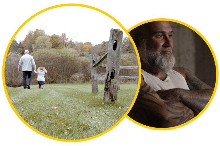 Overlapping yellow-rimmed circles: left—adult and child walking away across a grassy field near a wooden fence; right—bearded man with tattooed arms seated indoors in an interview shot.