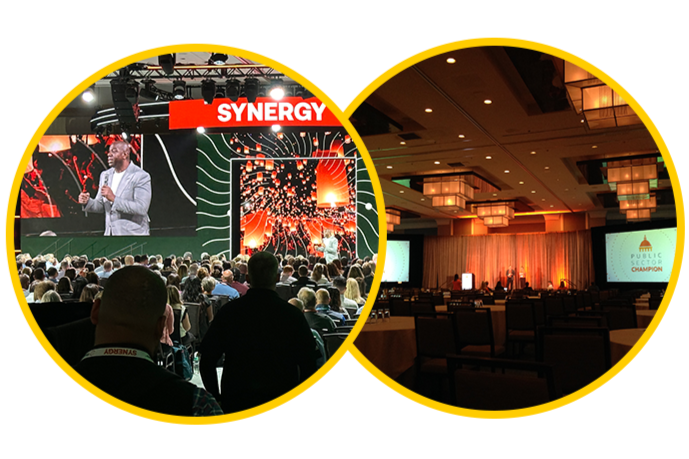 Overlapping yellow-rimmed circles: left—conference keynote on a large SYNERGY stage with a crowd; right—ballroom stage setup with warm lighting and projection screens.