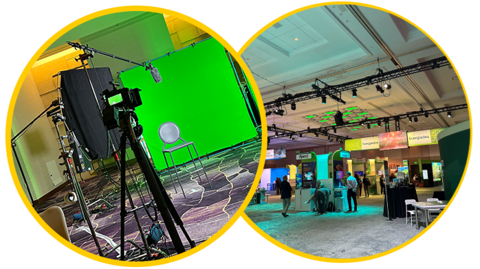 Overlapping yellow-rimmed circles: left—green-screen production setup with camera and lighting; right—trade show floor with booths, signage, and overhead rigging.