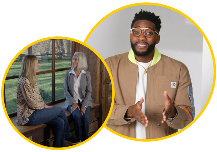 Overlapping yellow-rimmed circles: left—two women seated indoors having a conversation by a large window; right—man in glasses gesturing while speaking to camera.