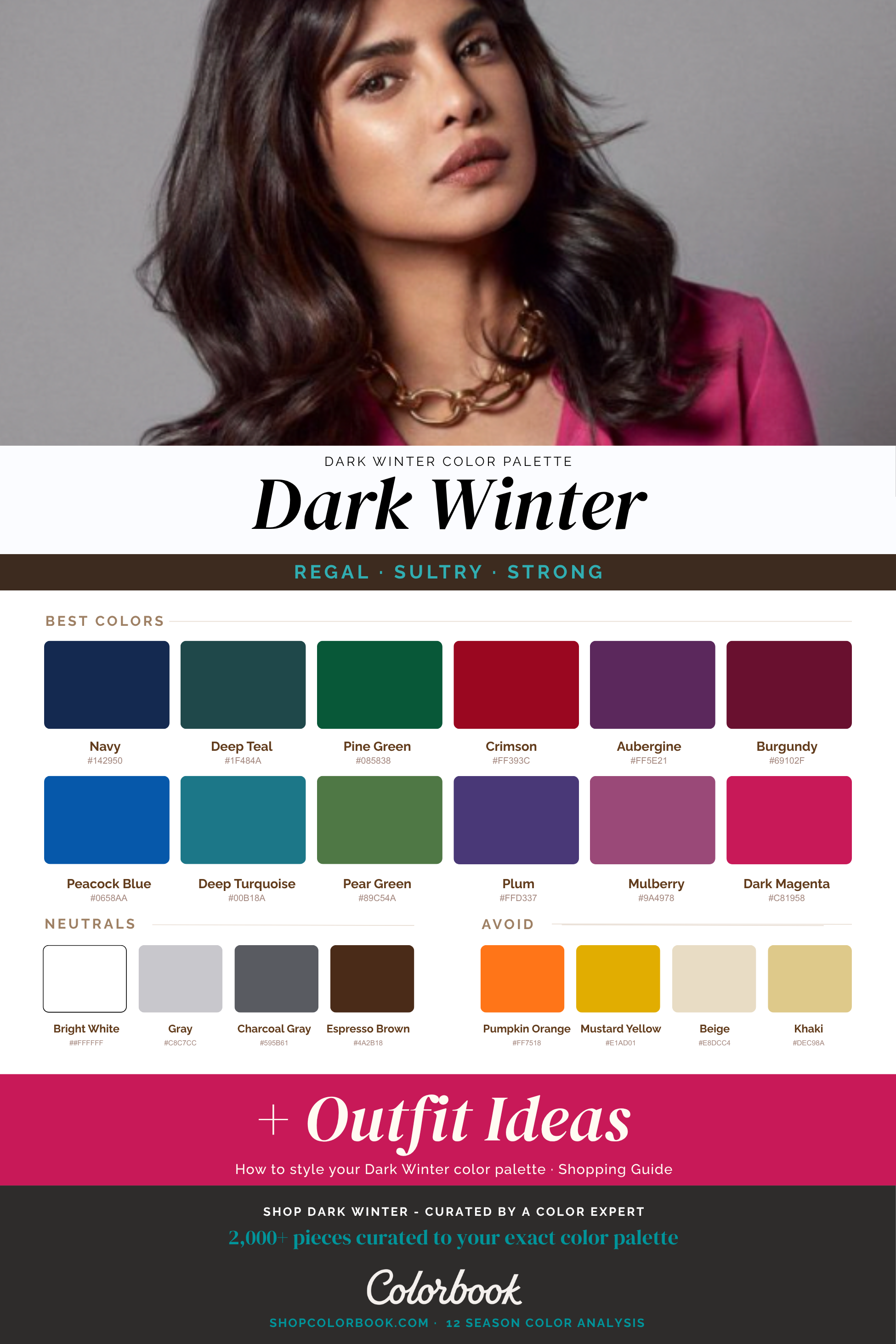 Dark Winter color palette featuring a woman in a dark magenta, alongside swatches of deep, sultry jewel tones, dark neutrals, and warm colors to avoid.