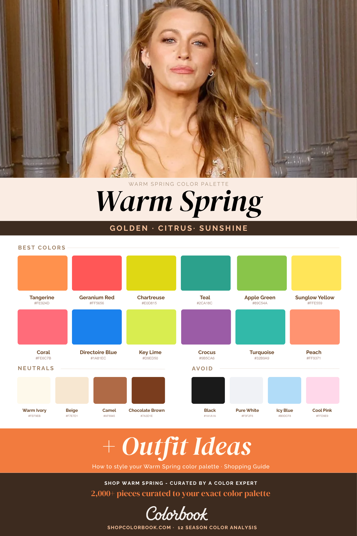 Warm Spring color palette featuring golden, citrus, and sunshine hues including tangerine, coral, chartreuse, teal, apple green, and peach, with neutral tones of warm ivory, beige, camel, and chocolate brown.