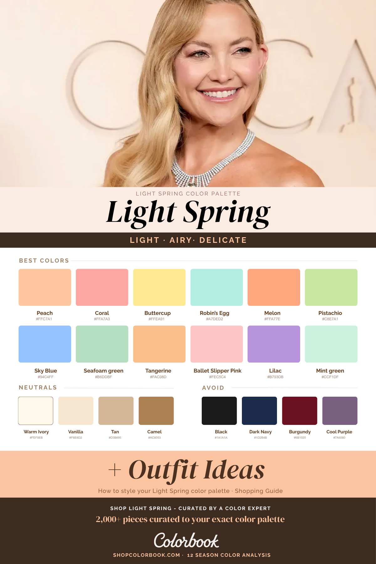 Light Spring color palette with soft warm pastels including best colors, neutrals, and shades to avoid