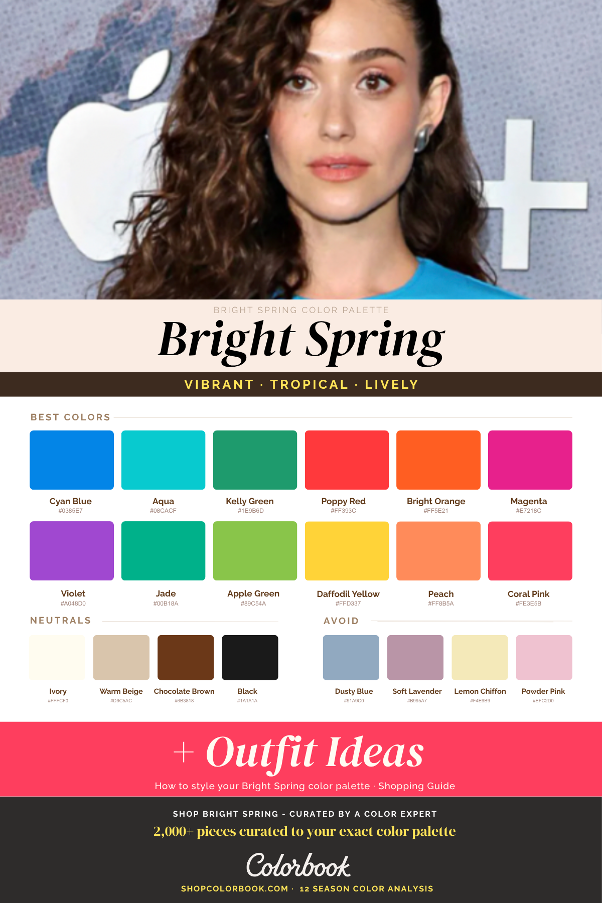 Bright Spring color palette featuring vibrant, tropical, and lively hues including cyan blue, aqua, kelly green, poppy red, bright orange, magenta, violet, jade, apple green, daffodil yellow, peach, and coral pink, with ivory and warm beige neutrals.