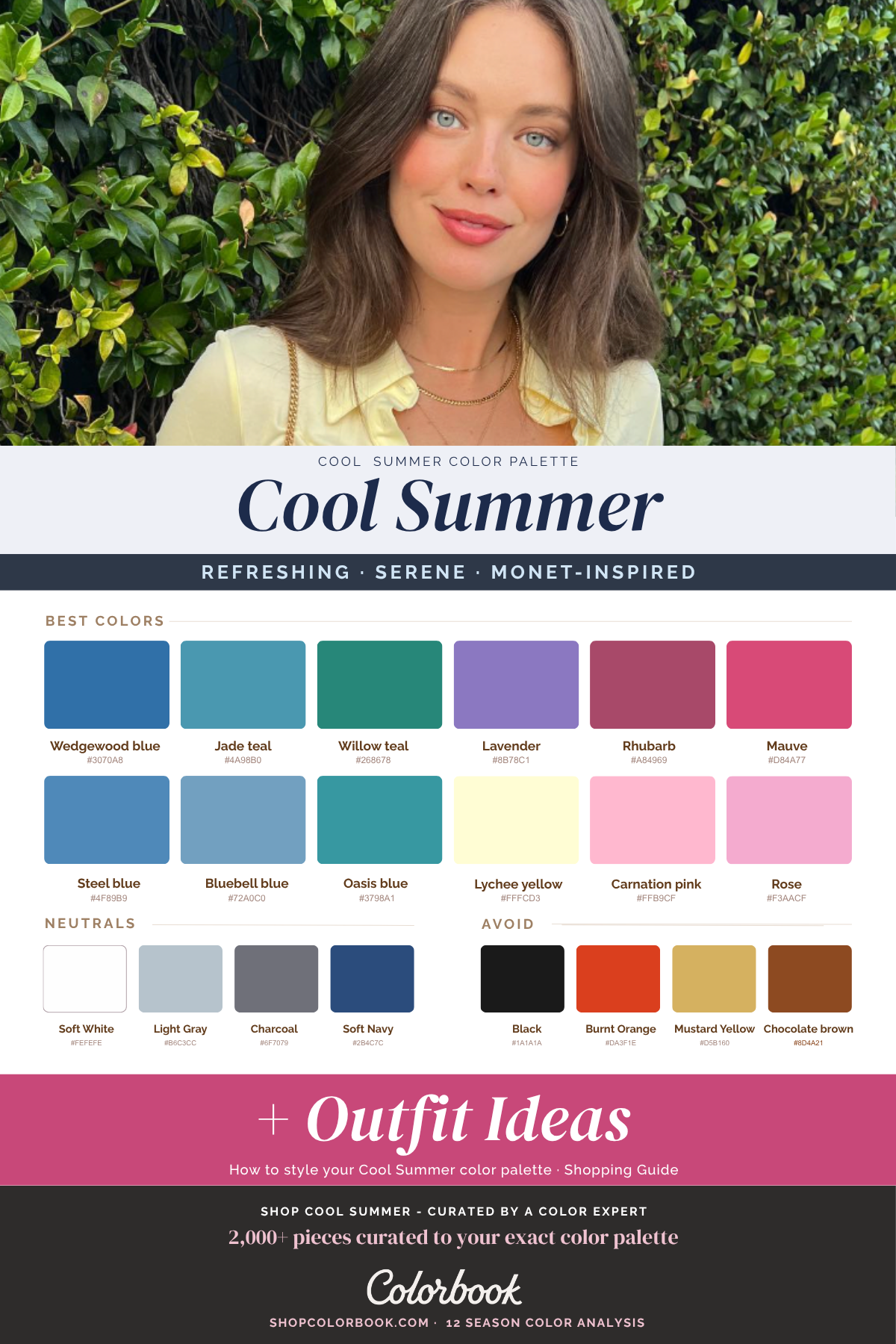 Cool Summer seasonal color palette showing recommended blues, teals, pinks, and lavenders, plus neutrals and colors to avoid.
