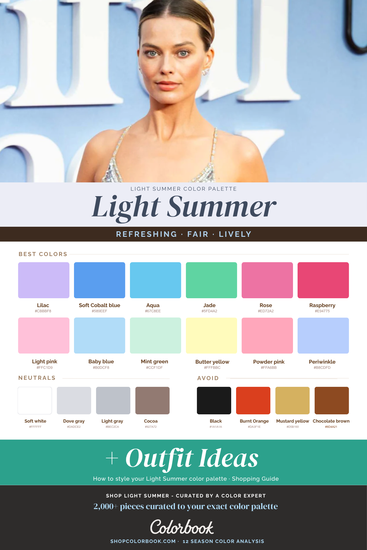 Light Summer seasonal color palette showing recommended lilacs, soft blues, pinks, and pastels, plus neutrals and colors to avoid.