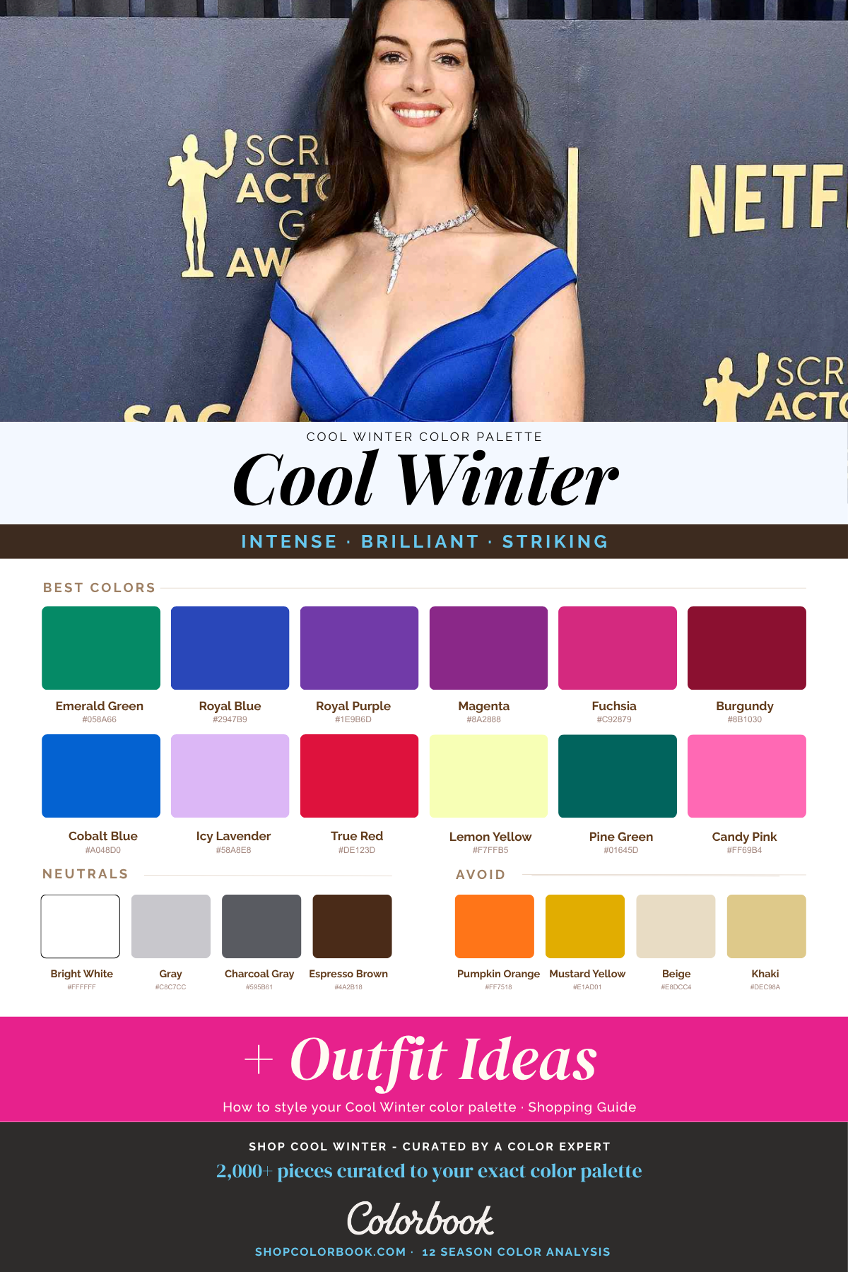 Cool Winter color palette infographic with Anne Hathaway in royal blue, showcasing recommended jewel-tone colors, neutrals, and colors to avoid for this seasonal color type.