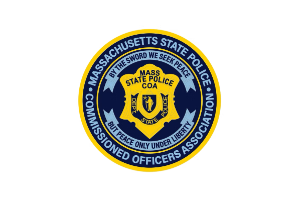 Massachusetts State Police badge with blue and yellow colors, featuring the state seal and the words 'Massachusetts State Police COA' and 'Commissioned Officers Association'.