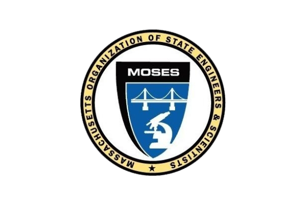 Seal of the Massachusetts Organization of State Engineers & Scientists featuring a shield with a bridge and a microscope, surrounded by a gold ring with the organization's name.
