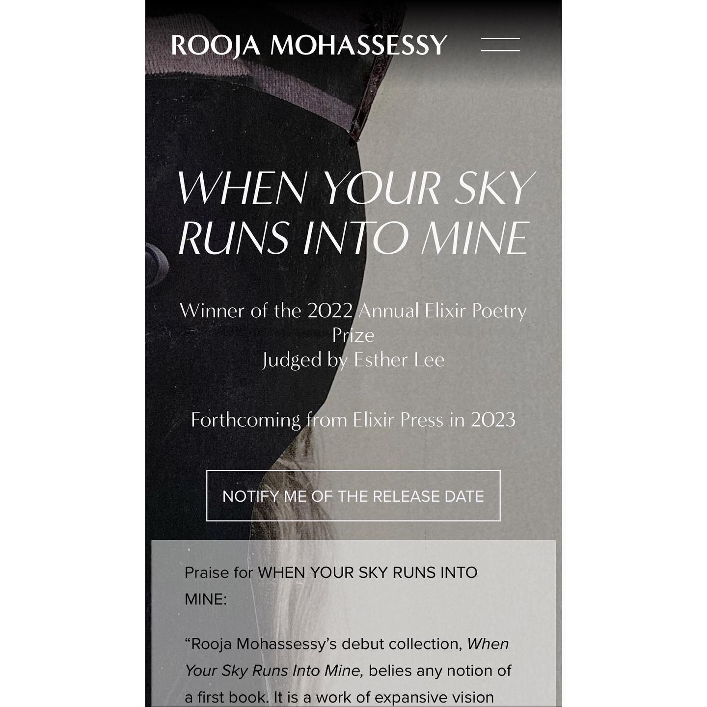 Friends, wanted to share some good news of me. My debut poetry collection, WHEN YOUR SKY RUNS INTO MINE, has won the 2022 #elixirpoetry Prize, judged by Esther Lee. It will be released by Elixir Press out of Denver in January 2023. A heartfelt thank 