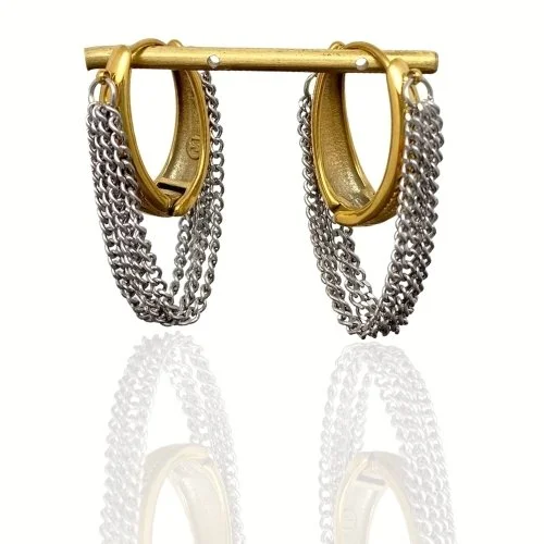 Gold Huggie Earring with Silver Chains