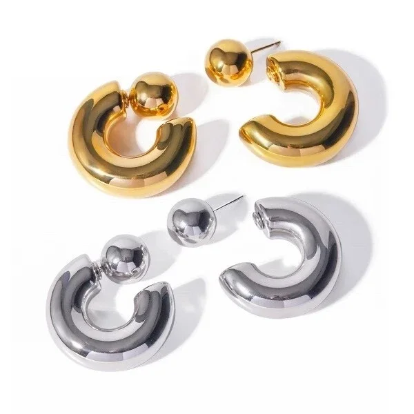 Chunky chrome reversible hoop earrings - gold or silver