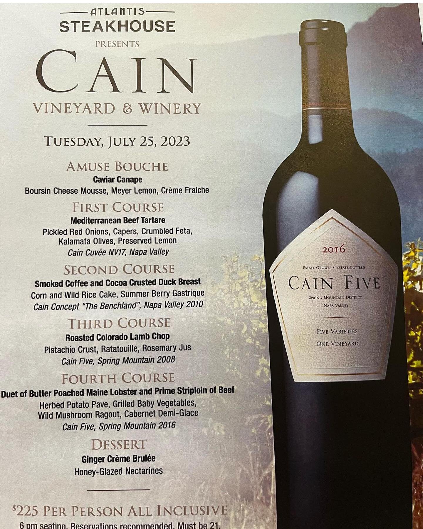 Join Chef David Holman @holmandavidc at the @atlantisreno for their Cain wine dinner on July 25th!  Be sure to make your reservations today