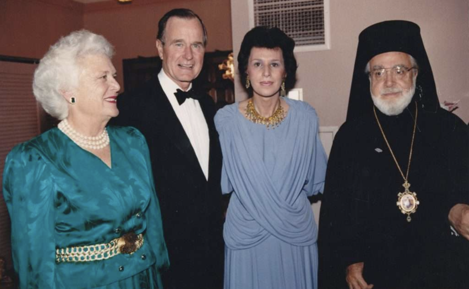   From left, first lady Barbara Bush, President George H.W. Bush, Paulette Poulos, former Executive Director of Leadership 100, and Archbishop Iakovos  