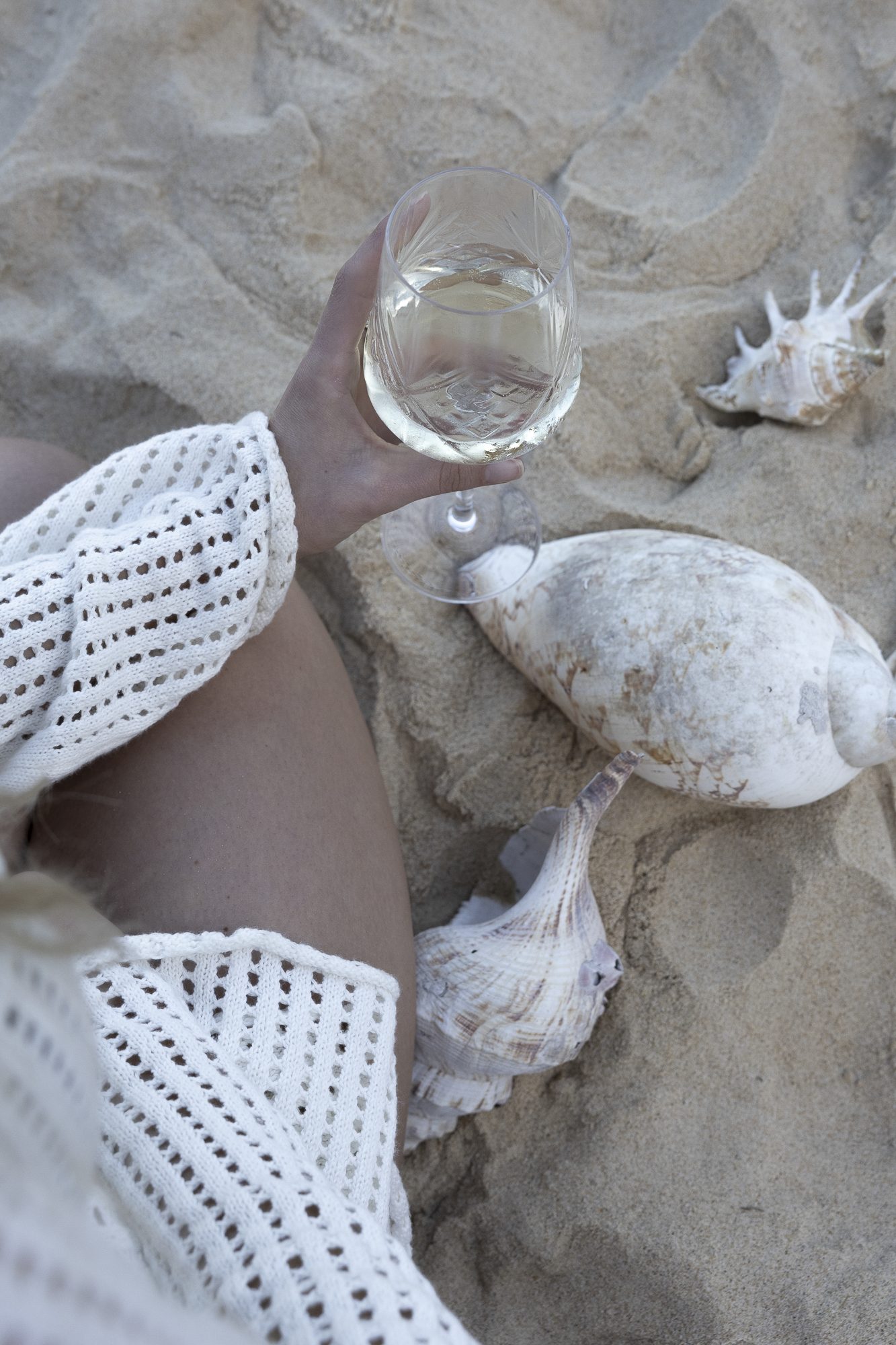 A person holding a glass of white wine on a sandy beach with seashells nearby.
