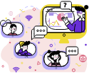 Illustration of a presenter showing data charts during an online team video conference.