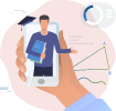 Smartphone illustration showing an online student and academic data charts