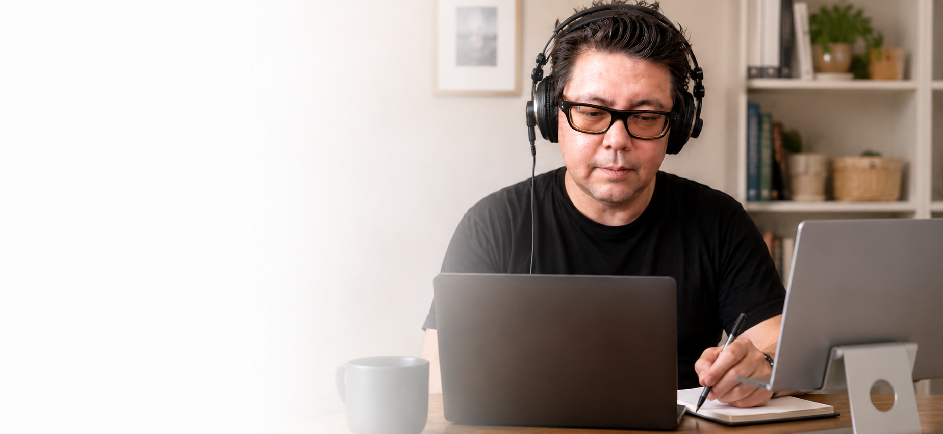 Man wearing headphones working on laptop and taking notes in home office
