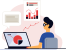 Illustration of a person analyzing business data and growth charts on a laptop