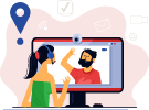 Woman with headset on a video call with man on computer screen, remote work illustration