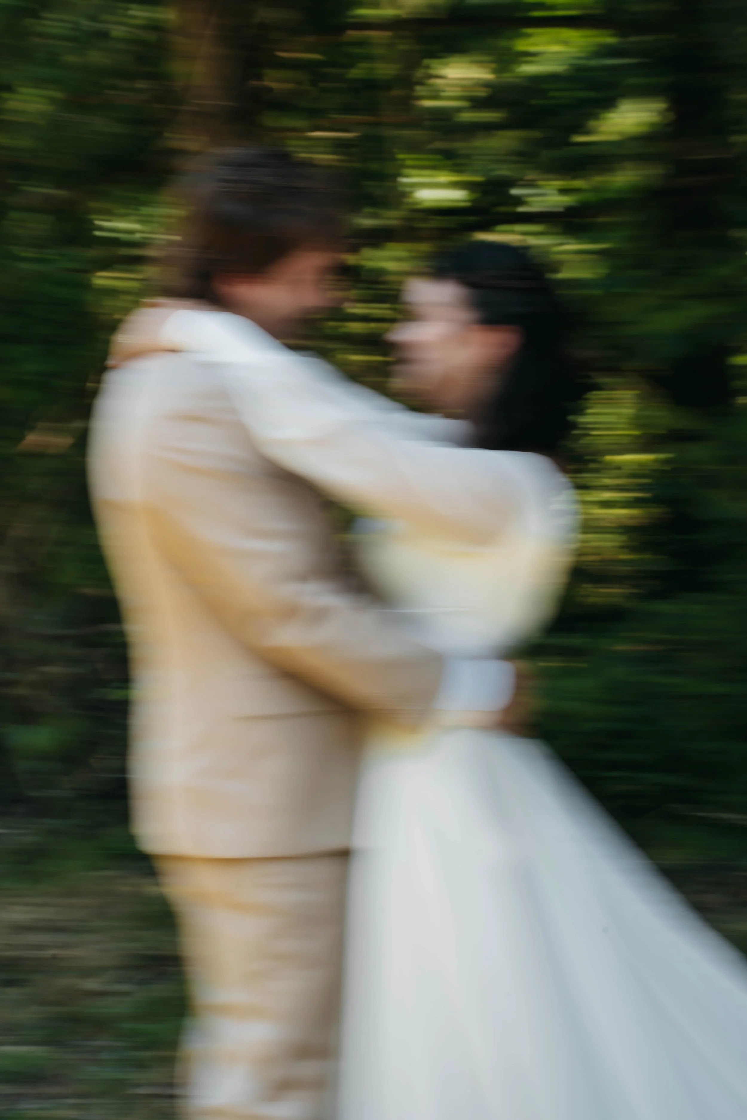 A blurred photo of a couple in wedding attire embracing outdoors against a background of green trees.