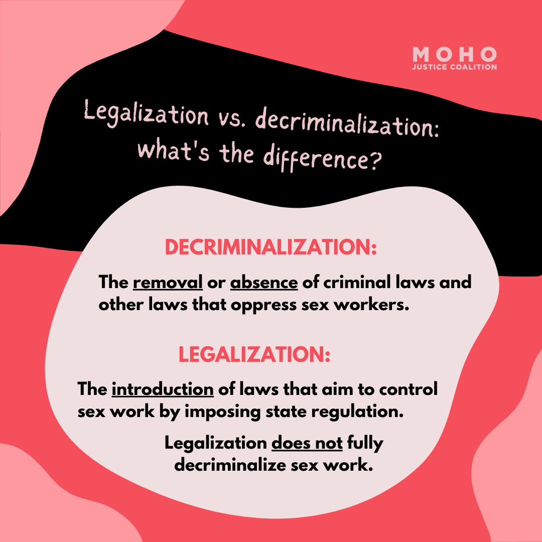  Legalization vs. decriminalization: what's the difference? DECRIMINALIZATION: The removal or absence of criminal laws and other laws that oppress sex workers. LEGALIZATION: The introduction of laws that aim to control sex work by imposing state regu