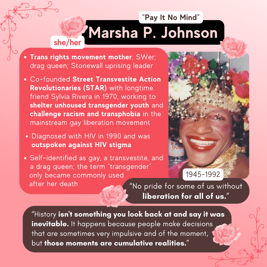  Slide 4. Text reads "Marsha P 'Pay It No Mind' Johnson. She/her. 1945-1992. Trans rights movement mother, sex worker, drag queen, Stonewall uprising leader. Co-founded Street Transvestite Action Revolutionaries (STAR) with longtime friend Sylvia Riv