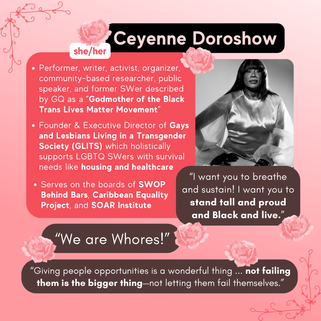  Slide 5. Text reads "Ceyenne Doroshow. She/her. Performer, writer, activist, organizer, community-based researcher, public speaker, and former sex worker described by GQ as a 'Godmother of the Black Trans Lives Matter movement. Founder and executive