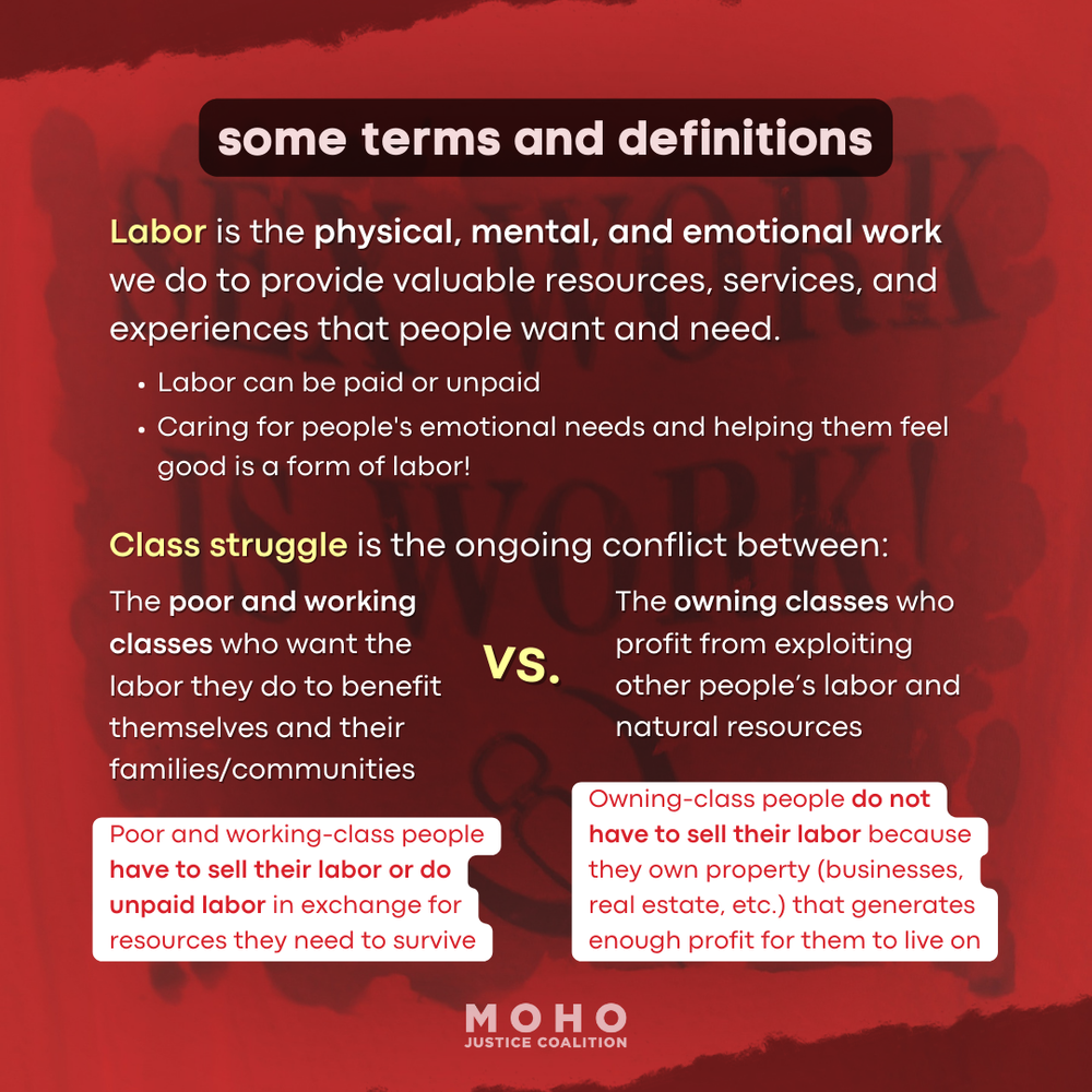  Slide 2 text: Some terms and definitions. Labor is the physical, mental, and emotional work we do to provide valuable resources, services, and experiences that people want and need. Labor can be paid or unpaid. Caring for people's emotional needs an