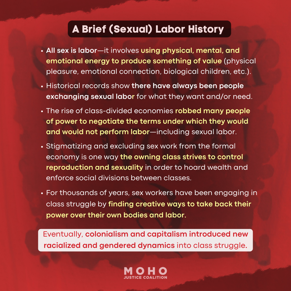  Slide 7 text:   A Brief (Sexual) Labor History.      All sex is labor—it involves using physical, mental, and emotional energy to produce something of value (physical pleasure, emotional connection, biological children, etc.).      Historical record