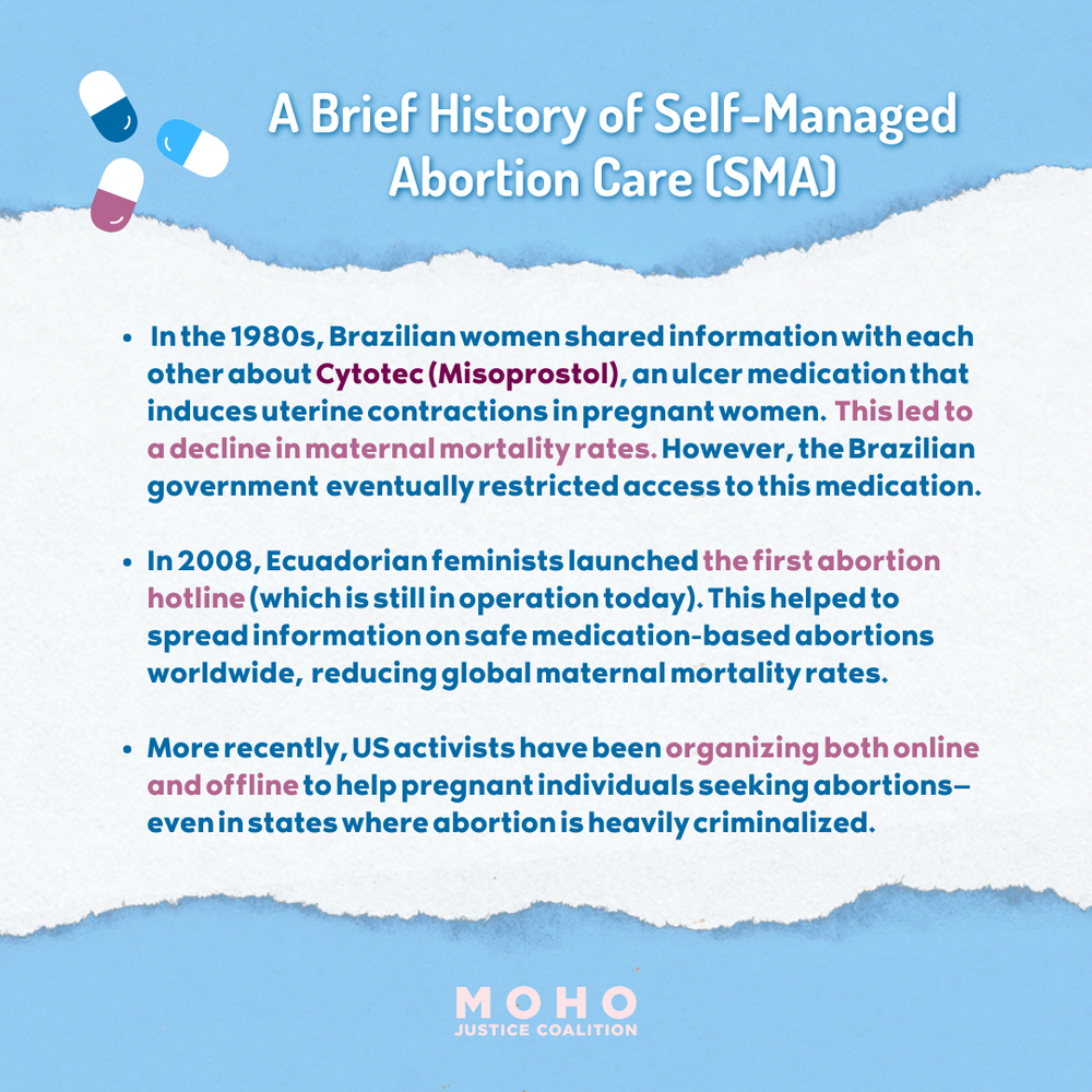  Image text: A Brief History of Self-Managed Abortion Care (SMA). In the 1980s, Brazilian women shared information with each other about Cytotec (Misoprostol), an ulcer medication that induces uterine contractions in pregnant women. This led to a dec