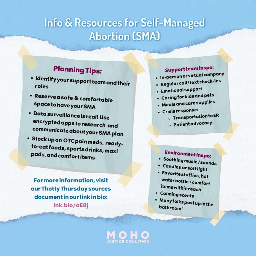  Image text:  Image of text and three sticky notes with more text on them.  Image title text: Info and Resources for Self-Managed Abortion (SMA).  Sticky note 1 text: Planning Tips:  Identify your support team and their roles.  Reserve a safe and com