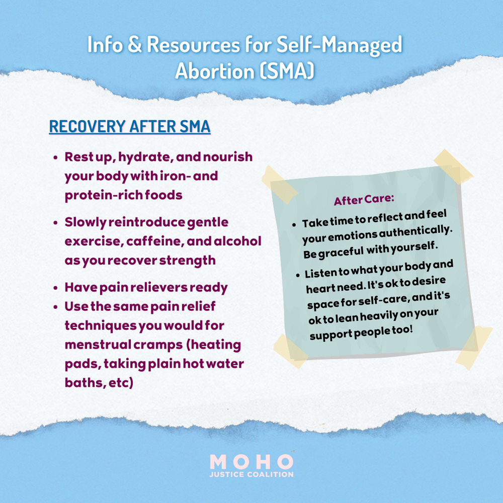  Image text: Image of text and one sticky note with more text on it. Image title text: Info and Resources for Self-Managed Abortion (SMA). Text outside sticky note: Recovery after SMA. Rest up, hydrate, and nourish your body with iron- and protein-ri