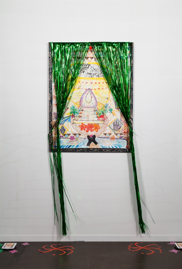   There is No Salvation without a Guru, There is no Heir without a Woman,  2015, Silkscreen monotype with acrylic, pompoms, party fringe, and carved wood, approximately 40”x 82”. 