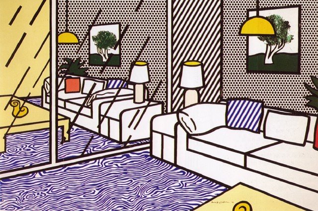   Roy Lichtenstein  via  Coskun Fine Art   Wallpaper with Blue Floor Interior , 1992 Screenprint on Paper Technologies, Inc., waterleaf paper (in five panels) 