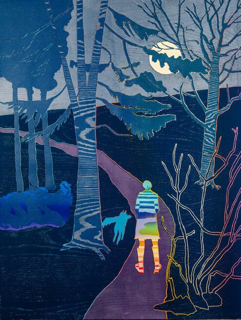  Tom Hammick  Tamino in the Wilderness, 2020   119 x 89 cm Edition variable reduction woodcut printed in colors. Signed in pencil and numbered from the edition of 14.   via Lyndsey Ingram  