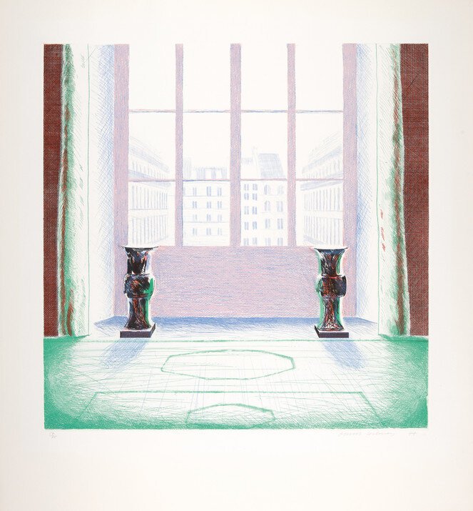  David Hockney  Two Vases In The Louvre,  1974  99 x 91.5 cm Etching, Softground Etching &amp; Aquatint   ​via Gerrish Fine Art  