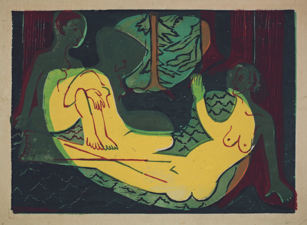  Ernst Ludwig Kirchner  Drei Akte im Walde (Three Nudes in the Forest),  1933  35,5 x 50 cm Color woodcut on ribbed chamois Japan handmade paper.   via Galerie Henze &amp; Ketterer &amp; Triebold  