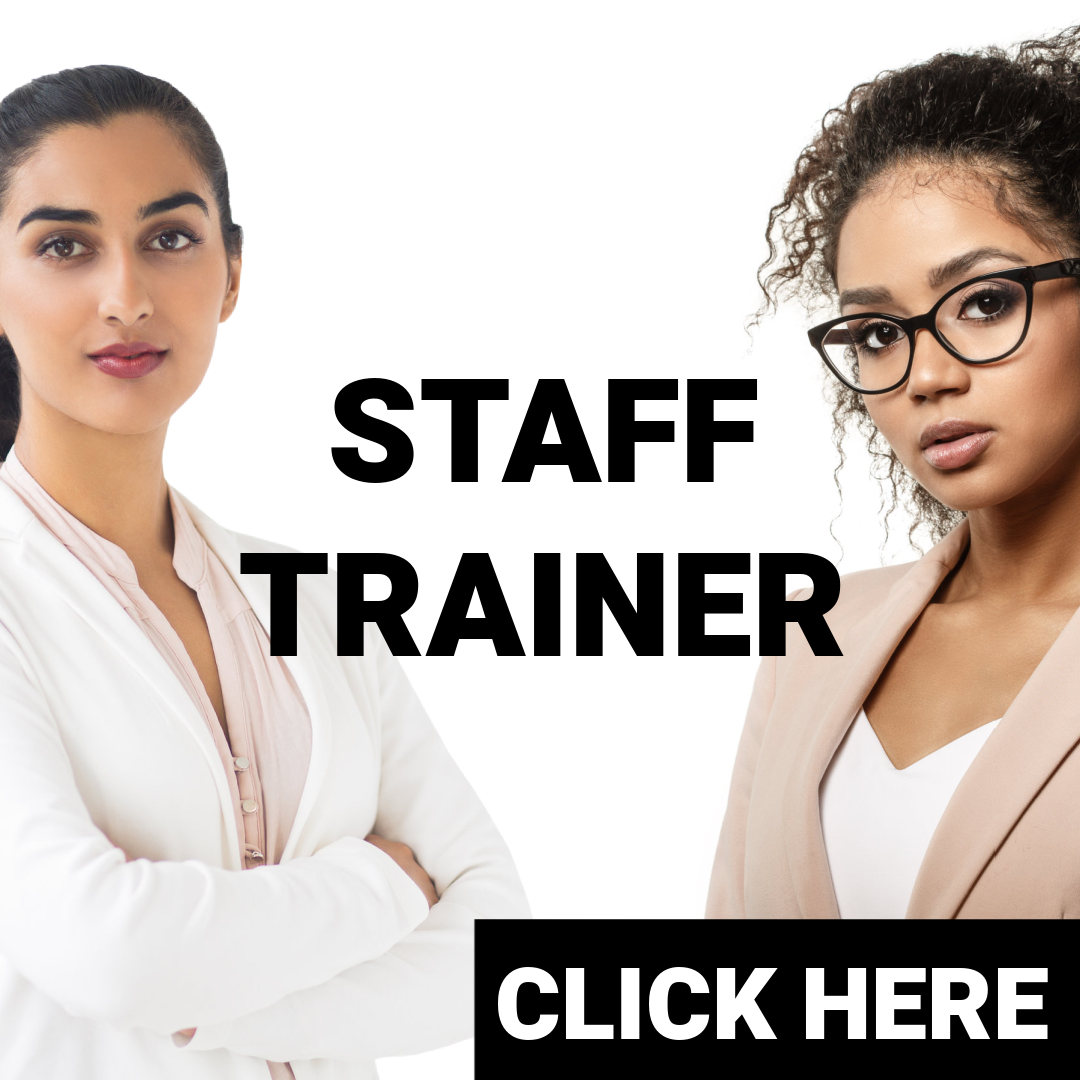 Two professional women, one with dark hair in a white blazer and another with curly hair and glasses in a beige blazer, stand on either side of the text 'STAFF TRAINER' and a black button with 'CLICK HERE' on a white background.
