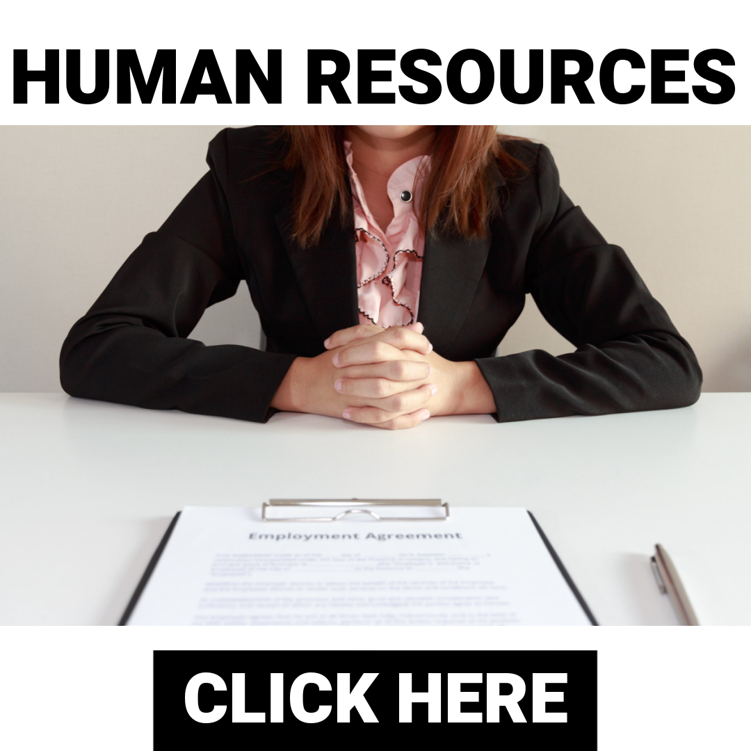 A woman in a black blazer sits at a desk with a clipboard containing an employment agreement, in front of a banner that reads 'HUMAN RESOURCES', and a pen on the desk.