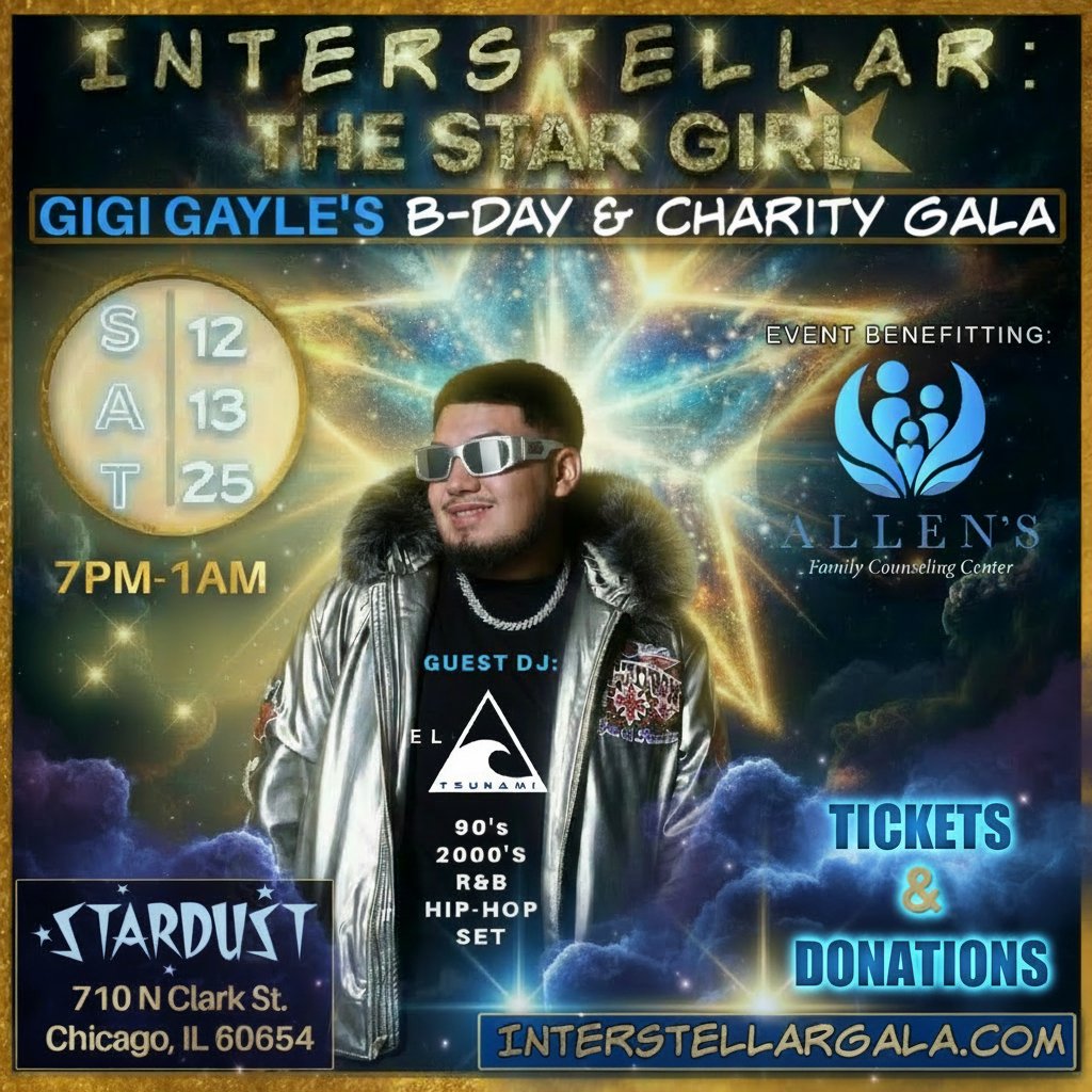 Poster for 'Interstellar: The Star Girl' Gigi Gayle's birthday and charity gala with a celestial space background, event details, guest DJ information, date, time, location, and benefiting Aliens Family Counseling Center.