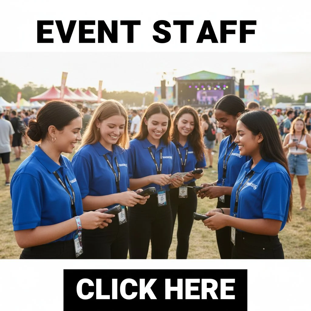 Six young women in blue event staff shirts standing outdoors at a festival, smiling at their phones, with a stage and crowd in the background.