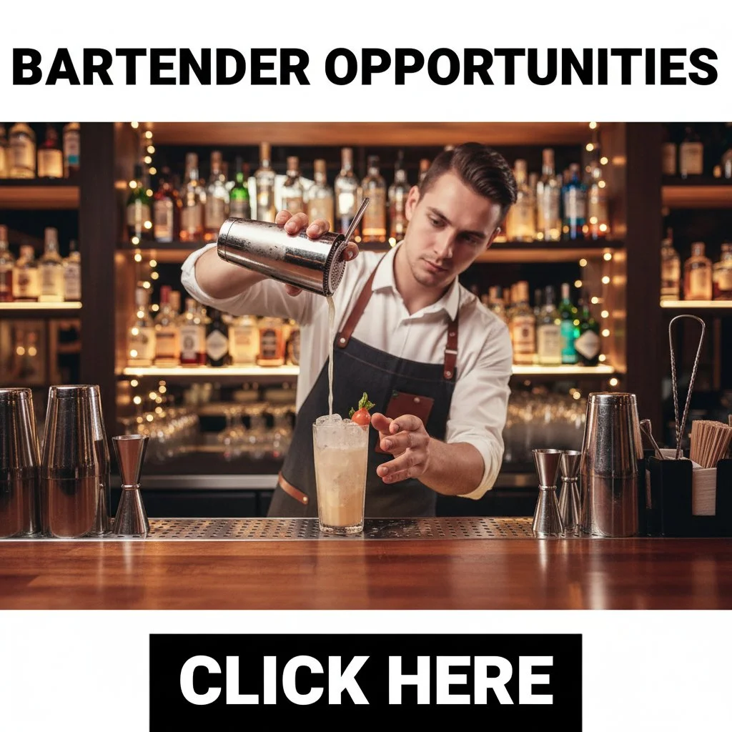 A bar tender preparing a cocktail with a shaker in a bar setting, with bottles of alcohol on shelves in the background, and a sign for bartender opportunities at the top.